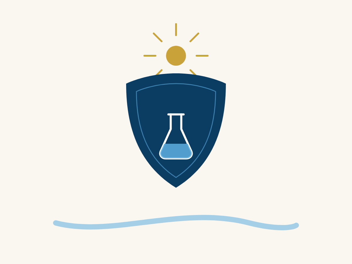 Illustration of a shield emblem with a research flask, echoing the SECC brand mark