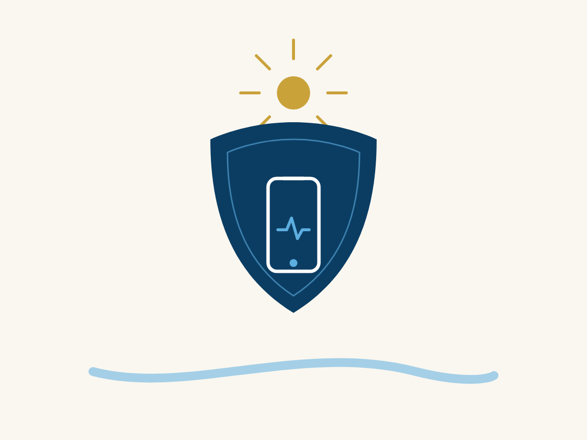 Illustration of a shield badge with a smartphone displaying a health pulse line, representing digital health monitoring