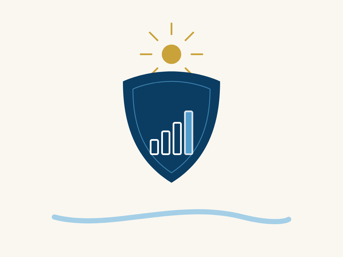 Illustration of a shield with an ascending bar chart, representing rigorous, data-driven research