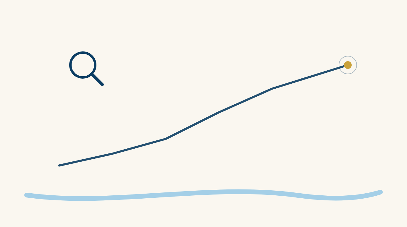 Illustration of an upward research trend line with a magnifying glass, representing data-driven discovery
